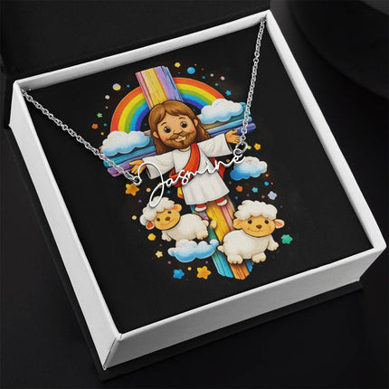 Rainbow Cross Jesus And Lamb | Christian Signature Name Necklace | Gift for Kids