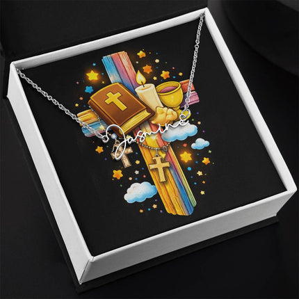Rainbow Cross Bible And Cross | Christian Signature Name Necklace | Gift for Kids