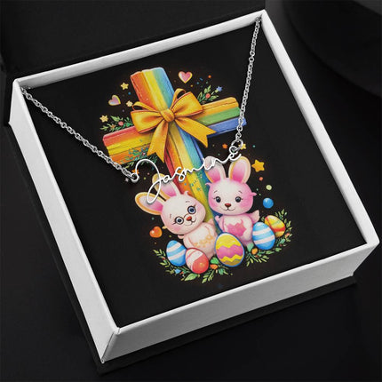 Rainbow Cross Bunnies | Christian Signature Name Necklace | Gift for Kids