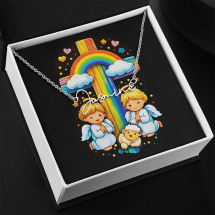 Rainbow Cross Cherub Angels | Christian Signature Name Necklace | Gift for Kids
