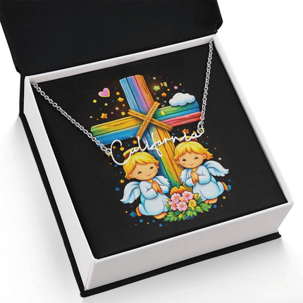 Rainbow Cross Angel Twins | Christian Signature Name Necklace | Gift for Kids