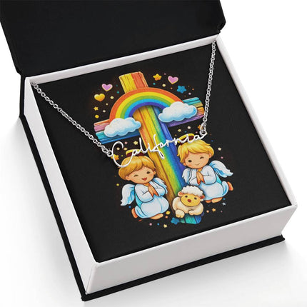 Rainbow Cross Cherub Angels | Christian Signature Name Necklace | Gift for Kids