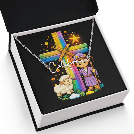 Rainbow Cross Little Shepherd | Christian Signature Name Necklace | Gift for Kids