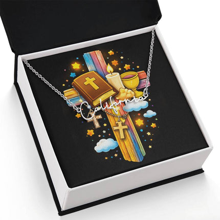 Rainbow Cross Bible And Cross | Christian Signature Name Necklace | Gift for Kids