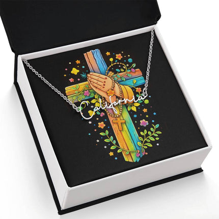 Rainbow Cross Praying Hands | Christian Signature Name Necklace | Gift for Kids