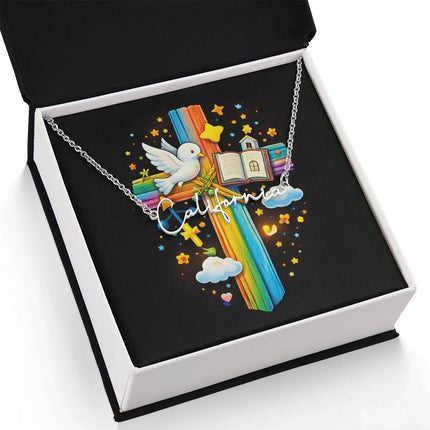Rainbow Cross Open Bible | Christian Signature Name Necklace | Gift for Kids