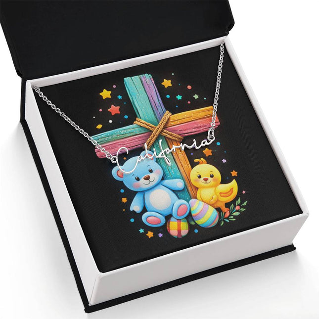 Rainbow Cross Teddy Bear | Christian Signature Name Necklace | Gift for Kids