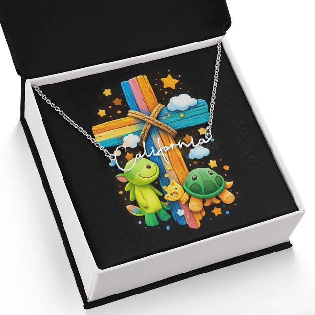 Rainbow Cross Turtle | Christian Signature Name Necklace | Gift for Kids