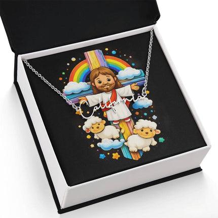 Rainbow Cross Jesus And Lamb | Christian Signature Name Necklace | Gift for Kids