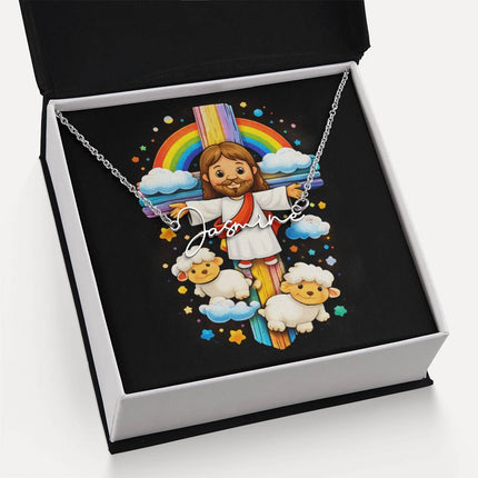 Rainbow Cross Jesus And Lamb | Christian Signature Name Necklace | Gift for Kids