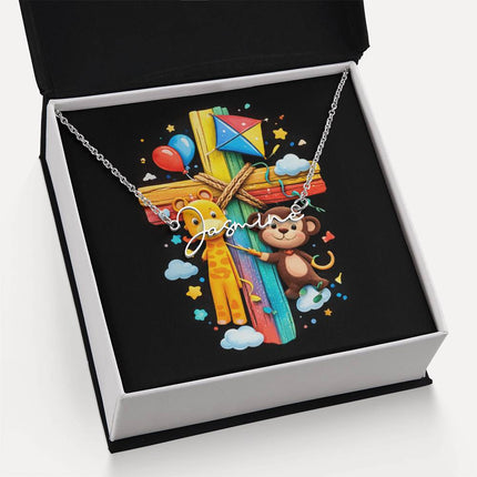 Rainbow Cross Jungle Animals | Christian Signature Name Necklace | Gift for Kids