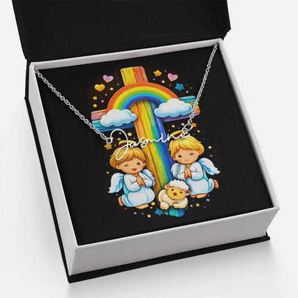 Rainbow Cross Cherub Angels | Christian Signature Name Necklace | Gift for Kids