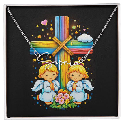 Rainbow Cross Angel Twins | Christian Signature Name Necklace | Gift for Kids