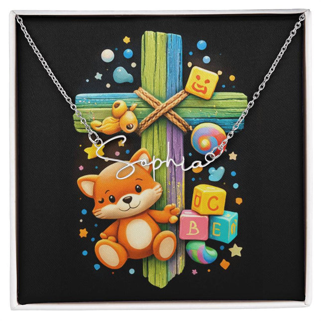 Rainbow Cross Little Fox | Christian Signature Name Necklace | Gift for Kids