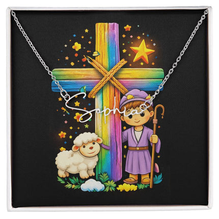 Rainbow Cross Little Shepherd | Christian Signature Name Necklace | Gift for Kids