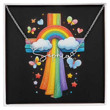 Rainbow Cross Butterfly | Christian Signature Name Necklace | Gift for Kids