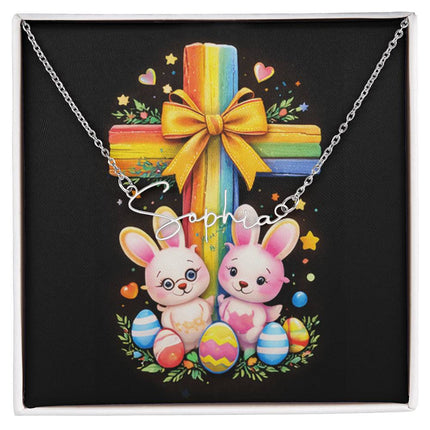 Rainbow Cross Bunnies | Christian Signature Name Necklace | Gift for Kids