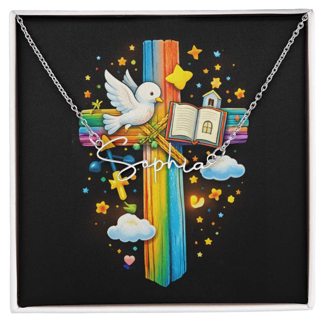 Rainbow Cross Open Bible | Christian Signature Name Necklace | Gift for Kids