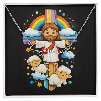 Rainbow Cross Jesus And Lamb | Christian Signature Name Necklace | Gift for Kids
