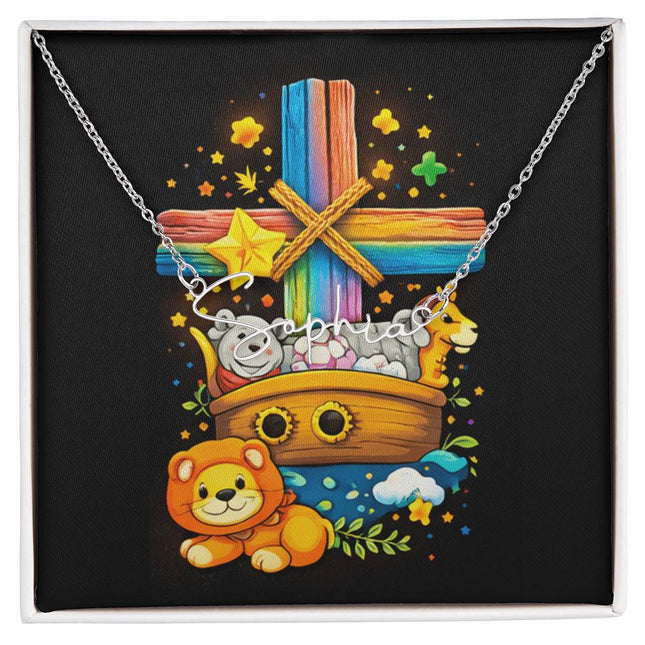 Rainbow Cross Noahs Ark | Christian Signature Name Necklace | Gift for Kids