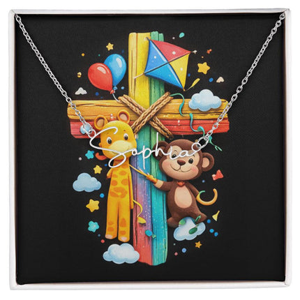 Rainbow Cross Jungle Animals | Christian Signature Name Necklace | Gift for Kids