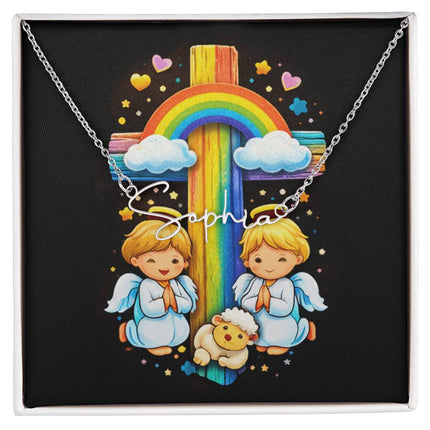 Rainbow Cross Cherub Angels | Christian Signature Name Necklace | Gift for Kids