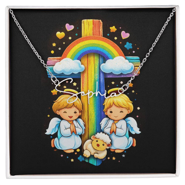 Rainbow Cross Cherub Angels | Christian Signature Name Necklace | Gift for Kids