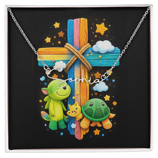 Rainbow Cross Turtle | Christian Signature Name Necklace | Gift for Kids