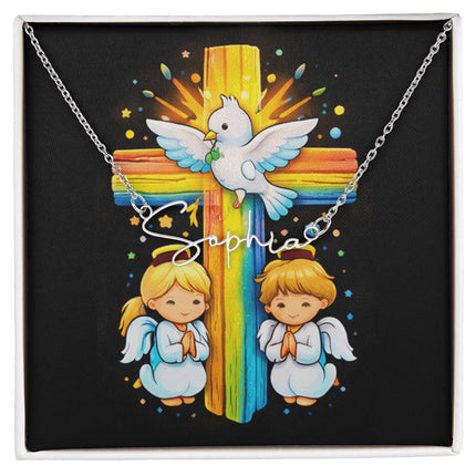 Rainbow Cross Angels And Dove | Christian Signature Name Necklace | Gift for Kids