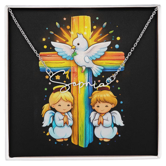 Rainbow Cross Angels And Dove | Christian Signature Name Necklace | Gift for Kids