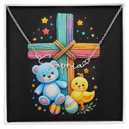 Rainbow Cross Teddy Bear | Christian Signature Name Necklace | Gift for Kids