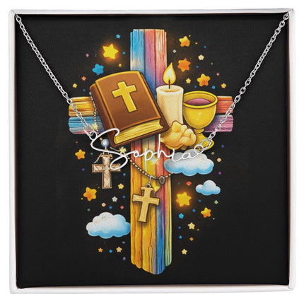 Rainbow Cross Bible And Cross | Christian Signature Name Necklace | Gift for Kids