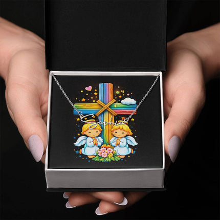 Rainbow Cross Angel Twins | Christian Signature Name Necklace | Gift for Kids