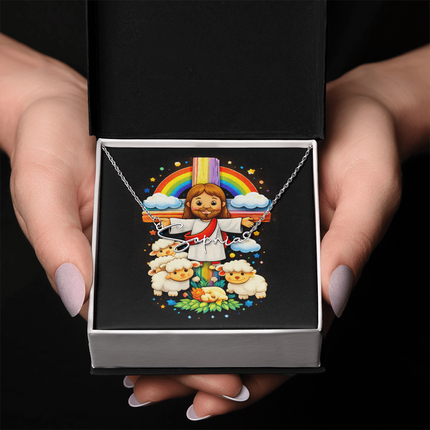 Jesus And Little Lambs | Christian Signature Name Necklace | Gift for Kids