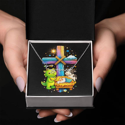 Rainbow Cross Frog And Cow | Christian Signature Name Necklace | Gift for Kids