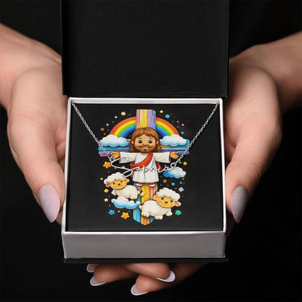 Rainbow Cross Jesus And Lamb | Christian Signature Name Necklace | Gift for Kids
