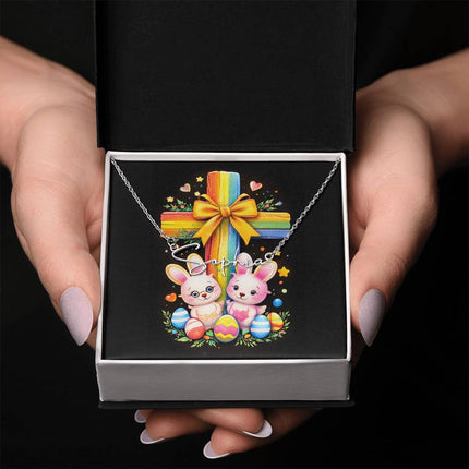 Rainbow Cross Bunnies | Christian Signature Name Necklace | Gift for Kids