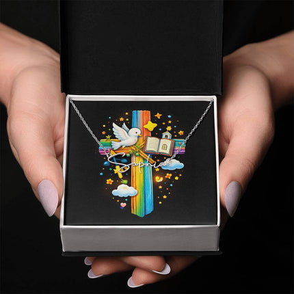 Rainbow Cross Open Bible | Christian Signature Name Necklace | Gift for Kids