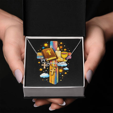 Rainbow Cross Bible And Cross | Christian Signature Name Necklace | Gift for Kids