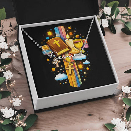 Rainbow Cross Bible And Cross | Christian Signature Name Necklace | Gift for Kids