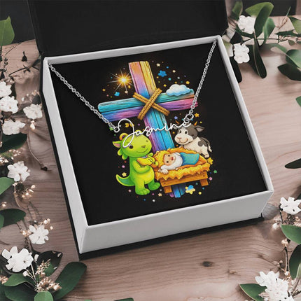 Rainbow Cross Frog And Cow | Christian Signature Name Necklace | Gift for Kids