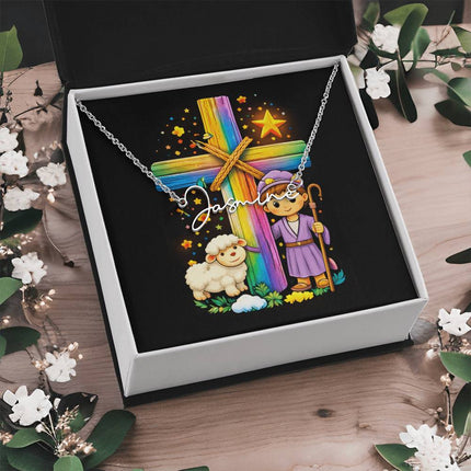 Rainbow Cross Little Shepherd | Christian Signature Name Necklace | Gift for Kids