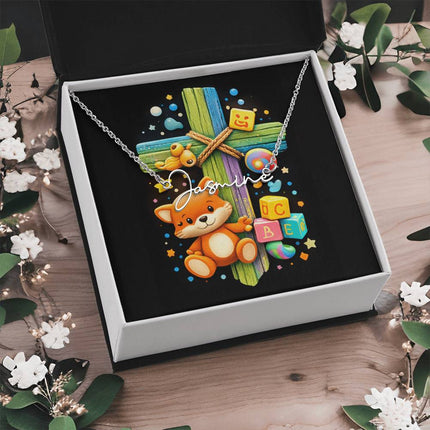 Rainbow Cross Little Fox | Christian Signature Name Necklace | Gift for Kids