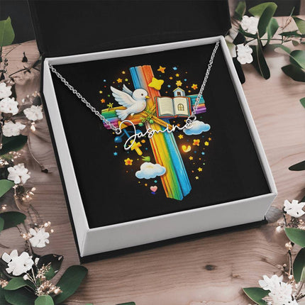 Rainbow Cross Open Bible | Christian Signature Name Necklace | Gift for Kids