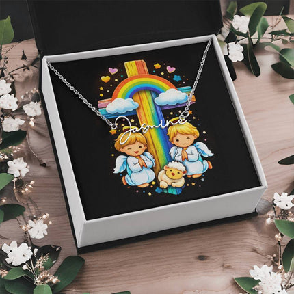 Rainbow Cross Cherub Angels | Christian Signature Name Necklace | Gift for Kids