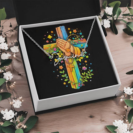 Rainbow Cross Praying Hands | Christian Signature Name Necklace | Gift for Kids