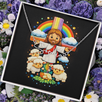 Jesus And Little Lambs | Christian Signature Name Necklace | Gift for Kids