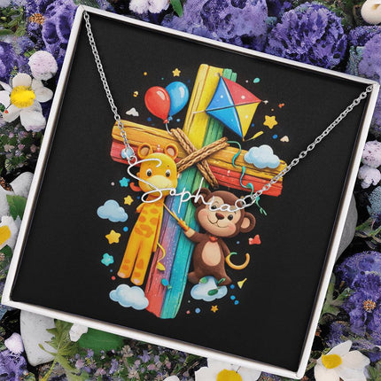 Rainbow Cross Jungle Animals | Christian Signature Name Necklace | Gift for Kids