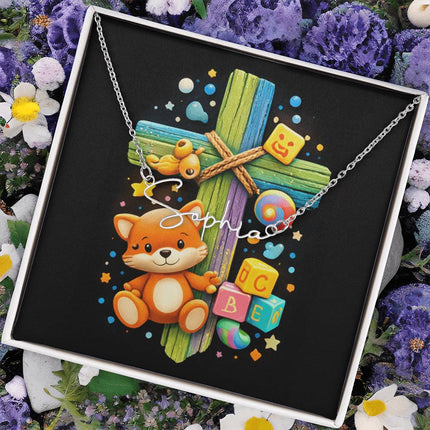 Rainbow Cross Little Fox | Christian Signature Name Necklace | Gift for Kids