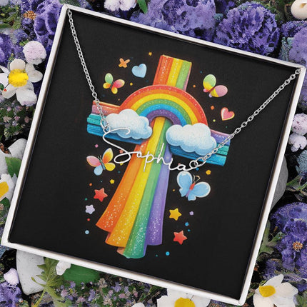 Rainbow Cross Butterfly | Christian Signature Name Necklace | Gift for Kids